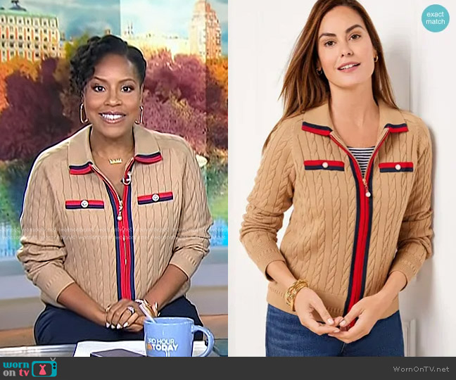 Talbots Cable Knit Sweater in Toasted Coconut/Indigo worn by Sheinelle Jones on Today