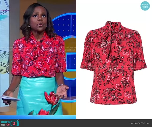 Erdem Tie-Neck Floral-Print Top worn by Deborah Roberts on Good Morning America