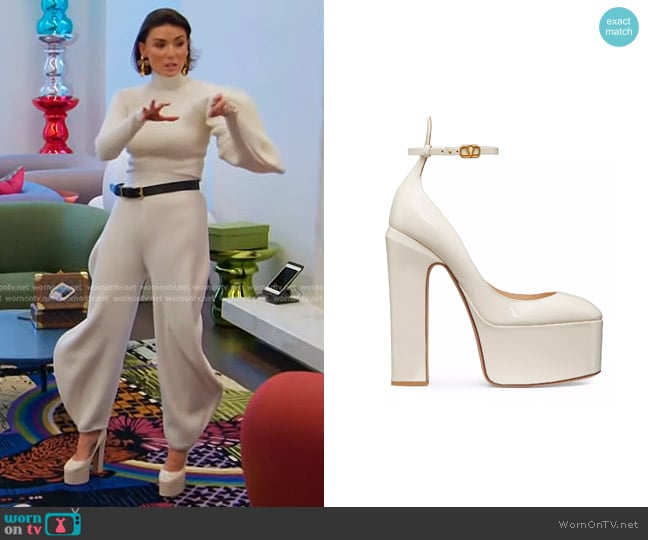 Valentino Garavani Tan-Go Platform Pumps in Patent Leather in Light Ivory worn by Bronwyn Newport on The Real Housewives of Salt Lake City