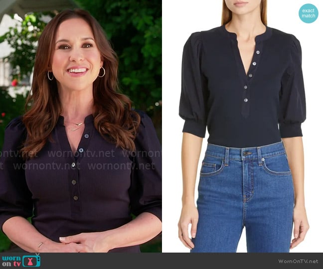 Veronica Beard Coralee Puff-Sleeve Top in Navy worn by Lacey Chabert on Celebrations with Lacey Chabert