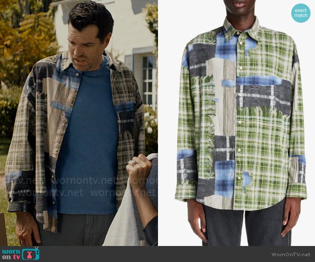 Acne Studios Oversize Plaid & Stripe Patchwork Button-Up Shirt worn by Sasha Roklov (Timothy Simons) on Nobody Wants This