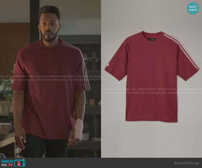 Adidas Y-3 3-Stripes Short Sleeve Tee in Shadow Red worn by Lewis Stewart (McKinley Freeman) on Reasonable Doubt