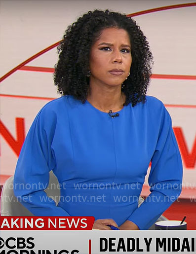 Adriana Diaz’s blue long sleeved midi dress on CBS Mornings