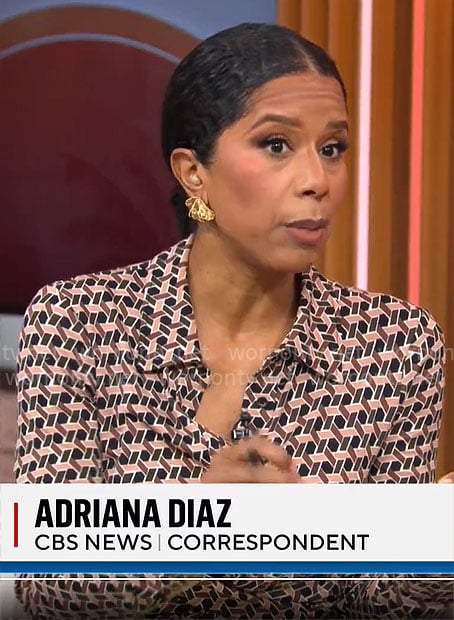 Adriana Diaz’s geometric print jumspuit on CBS Mornings