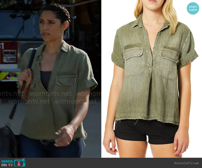 AG Adriano Goldschmied Anson Top in Sulfur Climbing Ivy worn by Stella Kidd (Miranda Rae Mayo) on Chicago Fire