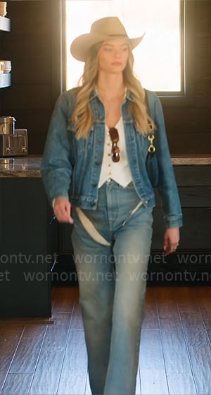 Alanna’s white vest, cutout jeans, and denim jacket on Selling Sunset