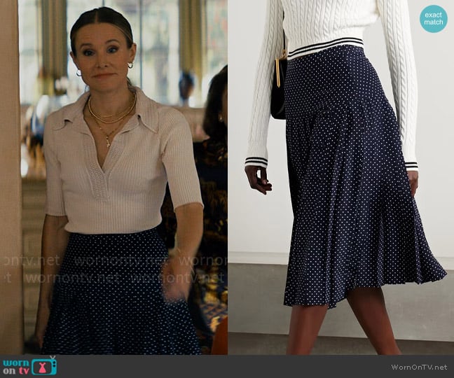 Pleated polka-dot silk-crepe midi skirt bu Alessandra Rich worn by Joanne (Kristen Bell) on Nobody Wants This