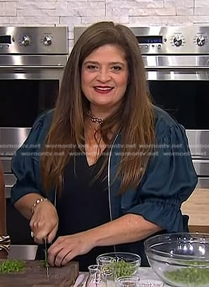 Alex Guarnaschelli’s blue elbow sleeve jacket on Today