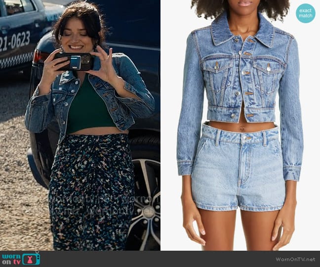 Alexander Wang Shrunken Denim Trucker Jacket worn by Amelia Sacks (Eve Hewson) on The Perfect Couple