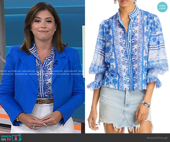Alice + Olivia Ilan Floral Check Print Blouse in Blue worn by Chloe Melas on Today