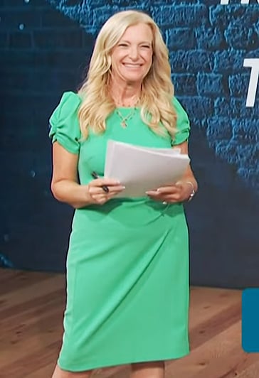 Alison Triessl’s green sheath dress on Access Hollywood