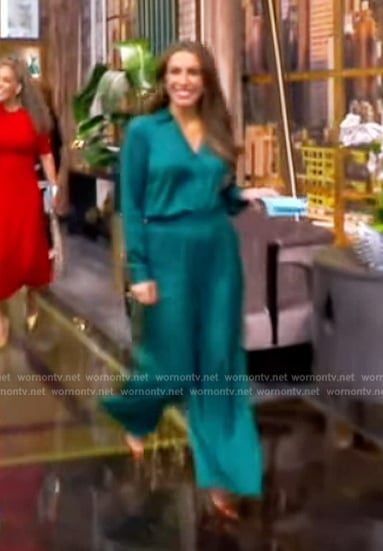 Alyssa’s teal satin shirt and pants on The View