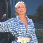 Amanda’s blue tweed zip jacket on Selling Sunset