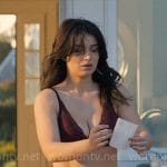 Amelia’s dark red lace bra and striped boxer shorts on The Perfect Couple