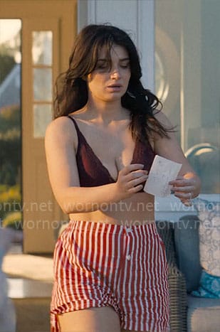 Amelia’s dark red lace bra and striped boxer shorts on The Perfect Couple