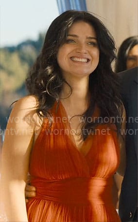Amelia’s red rehearsal dinner dress on The Perfect Couple