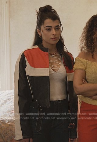 Ana’s colorblock leather moto jacket on Only Murders in the Building