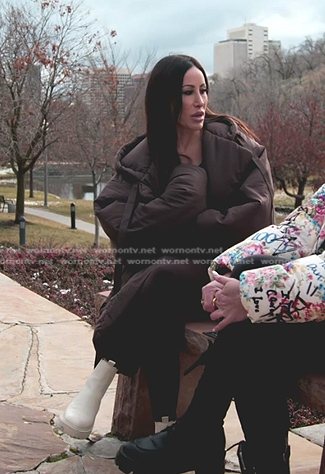 Angie’s brown wrap puffer jacket on The Real Housewives of Salt Lake City