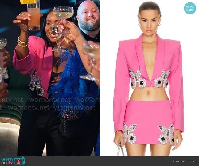Area Embroidered Butterfly Cropped Blazer In Carmine Pink worn by Tricia Lee Riley on Owning Manhattan