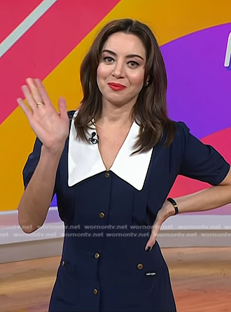 Aubrey Plaza’s navy contrast collar dress on Today