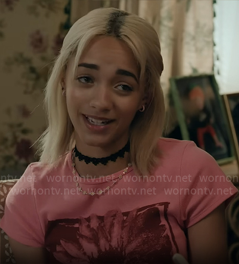 Ava’s pink flower graphic tee on High Potential