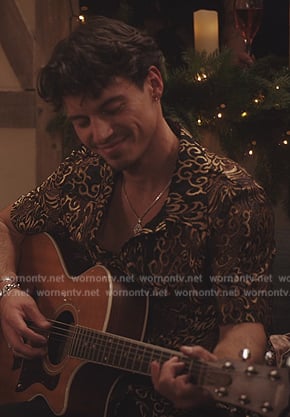 Benoit’s printed gold lace shirt on Emily in Paris