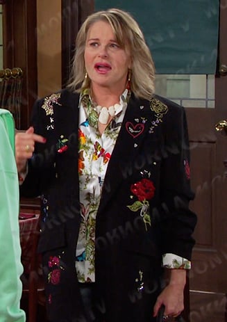 Bonnie’s printed blouse and black embroidered blazer on Days of our Lives