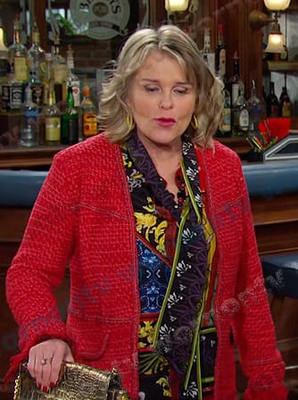 Bonnie’s printed tie neck blouse and red tweed jacket on Days of our Lives