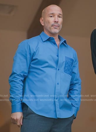 Brett’s blue logo pocket shirt on Selling Sunset