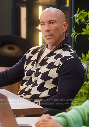Brett’s navy and white print zip jacket on Selling Sunset