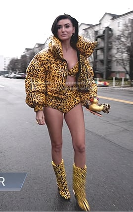Bronwyn’s yellow leopard puffer jacket and boots on The Real Housewives of Salt Lake City