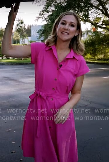 Caitlin Huey-Burns’ pink cotton gauze shirtdress on CBS Mornings