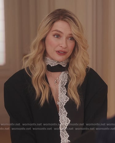 Camille’s black contrast lace blazer with scarf on Emily in Paris