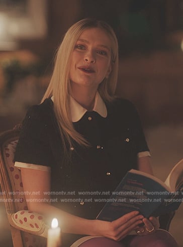 Camille’s black contrast top and mini skirt on Emily in Paris