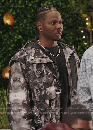 Cam’s black tie dye print utility jacket on All American Homecoming