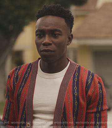 Carlton’s red horsebit knit cardigan on Bel-Air