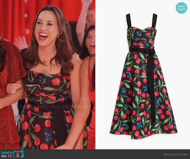 Carolina Herrera Pleated printed faille midi dress worn by Lacey Chabert on Celebrations with Lacey Chabert