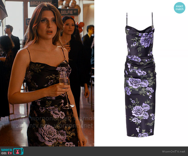 Carolina Herrera Floral Satin Cowl-Neck Midi-Dress worn by Rebecca (Emily Arlook) on Nobody Wants This