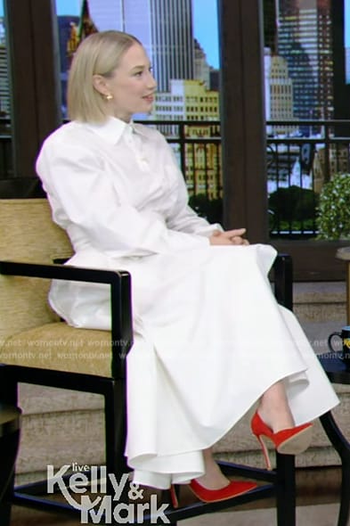 Carrie Coon’s white blouse and skirt on Live with Kelly and Mark