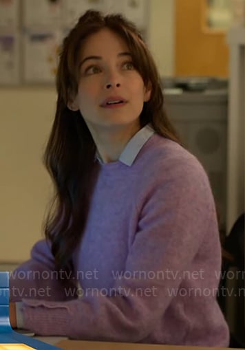 Cassandra’s purple sweater on Murder in a Small Town