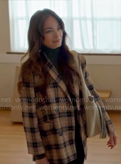 Cassandra’s camel plaid jacket on Murder in a Small Town