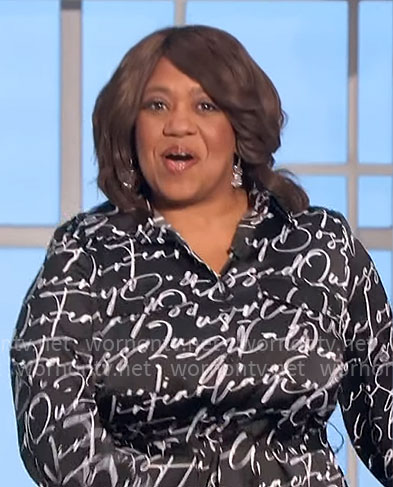 Chandra Wilson’s black writing print shirtdress on The Talk