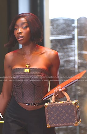 Chelsea’s brown leather corset top on Selling Sunset