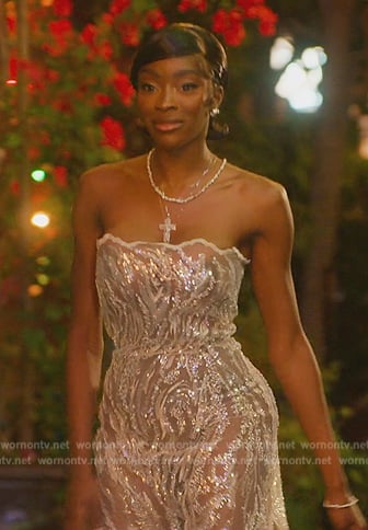 Chelsea’s strapless metallic dress on Selling Sunset