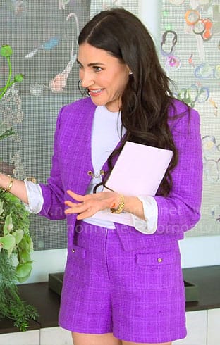 Chloe’s purple tweed jacket and shorts set on Owning Manhattan