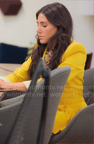 Chloe’s yellow blazer dress and multi-color necklace on Owning Manhattan