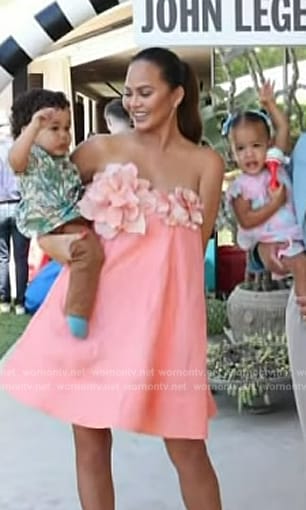 Chrissy Teigen’s coral floral applique dress on Access Hollywood