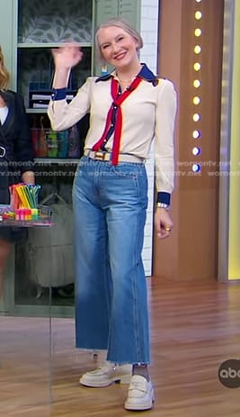 Clea Shearer’s ivory embroidered tie neck blouse and cropped jeans on Good Morning America