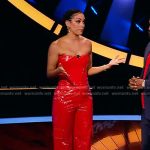 Corinne’s red corset leather jumpsuit on Beat Shazam
