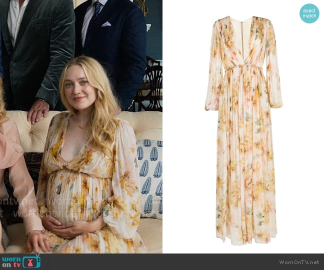 Costarellos Floral-print pleated maxi dress worn by Abby Winbury (Dakota Fanning) on The Perfect Couple